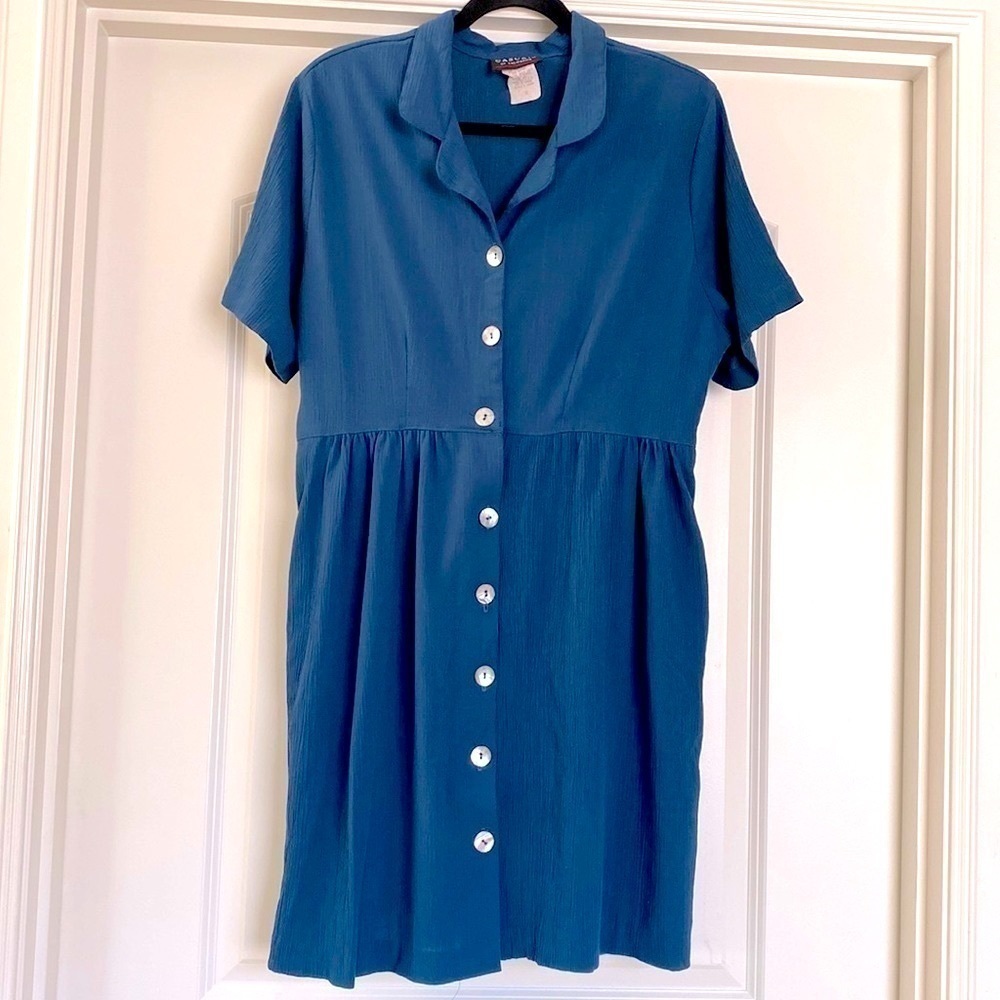 Cascais Babydoll Shirt Dress Womens 16 Teal Button down pockets crinkle Beach